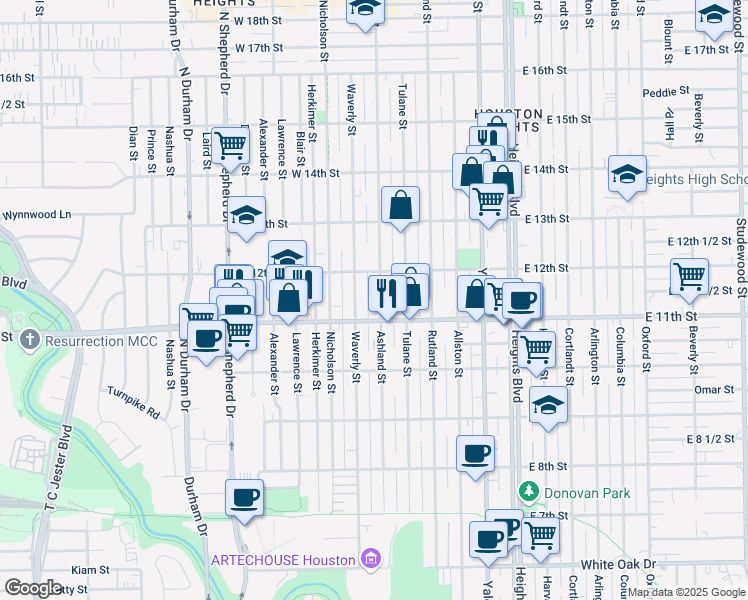 map of restaurants, bars, coffee shops, grocery stores, and more near 1128 Ashland Street in Houston