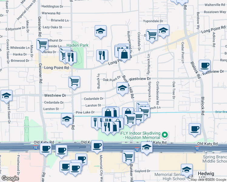 map of restaurants, bars, coffee shops, grocery stores, and more near 9802 Westview Drive in Houston
