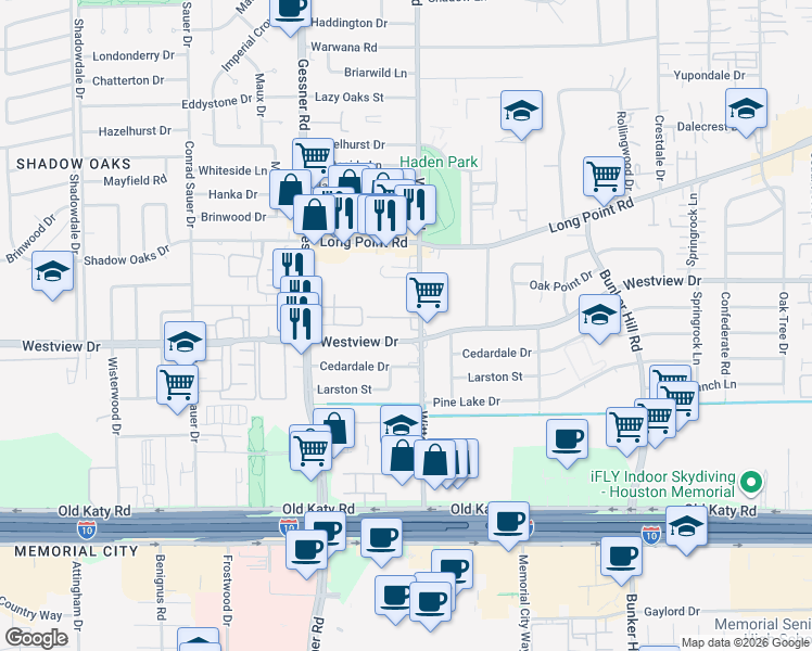 map of restaurants, bars, coffee shops, grocery stores, and more near 1255 Witte Road in Houston
