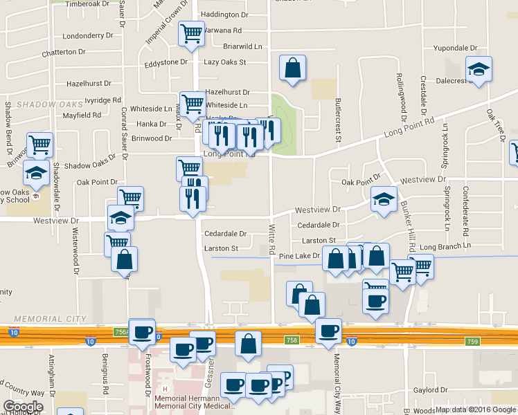 map of restaurants, bars, coffee shops, grocery stores, and more near 1255 Witte Road in Houston