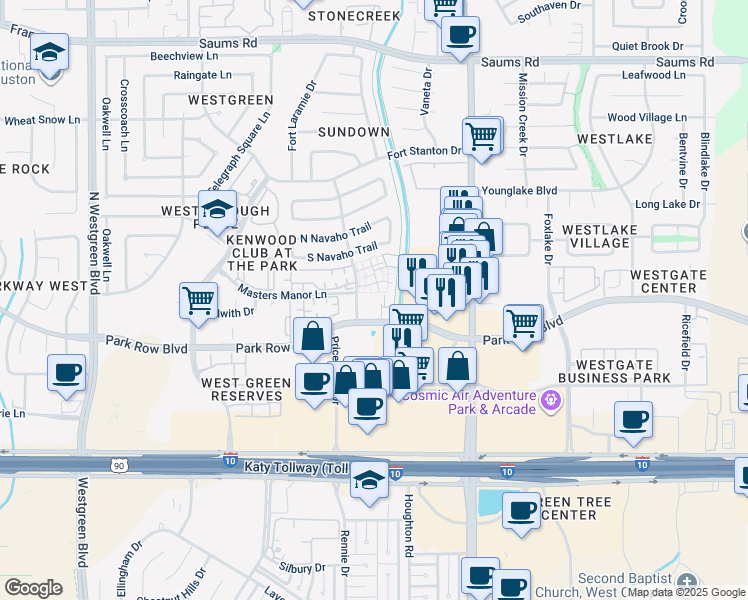 map of restaurants, bars, coffee shops, grocery stores, and more near 1707 North Fry Road in Katy