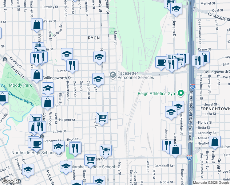 map of restaurants, bars, coffee shops, grocery stores, and more near 3319 Maury Street in Houston