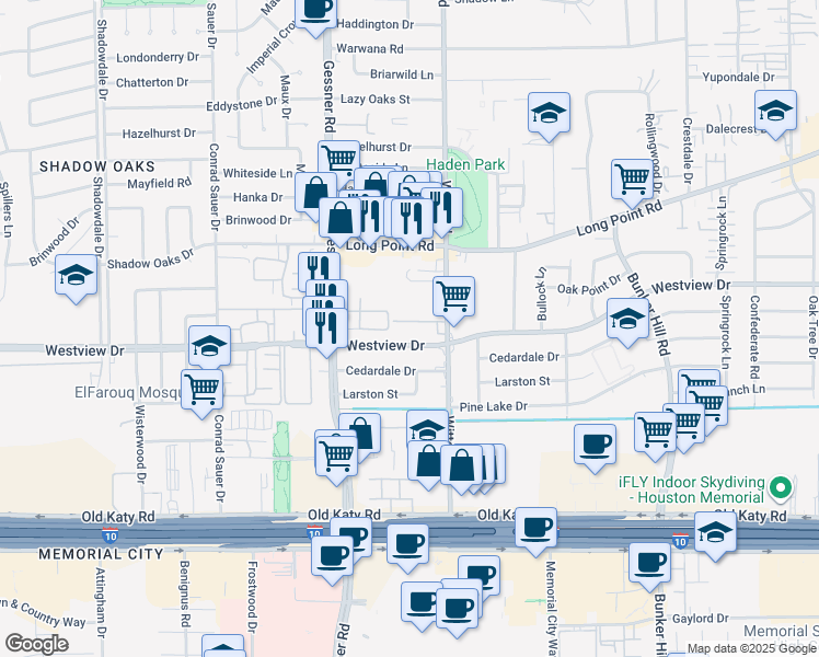 map of restaurants, bars, coffee shops, grocery stores, and more near 1275 Witte Road in Houston