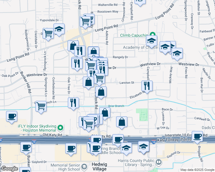 map of restaurants, bars, coffee shops, grocery stores, and more near 9257 Larston Street in Houston