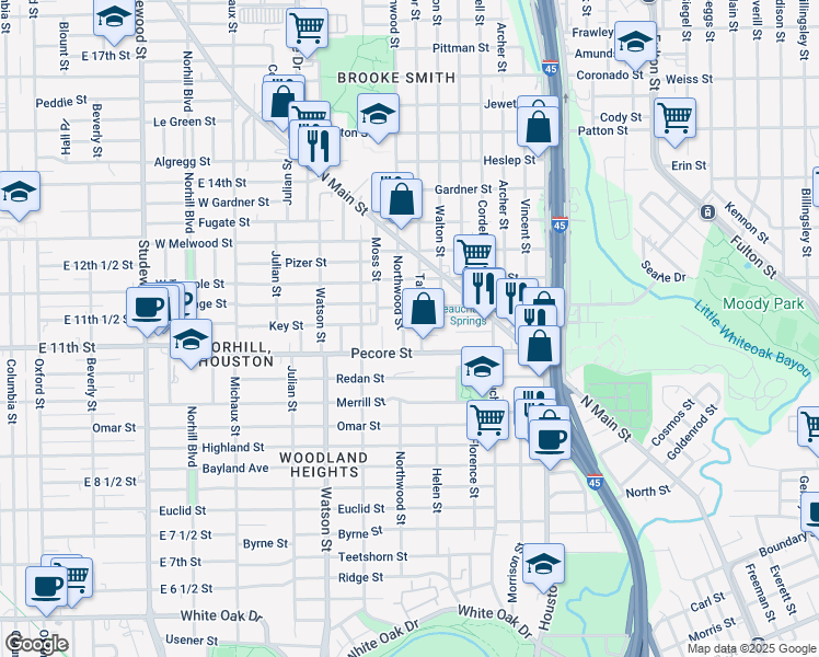 map of restaurants, bars, coffee shops, grocery stores, and more near 112 Northwood Street in Houston