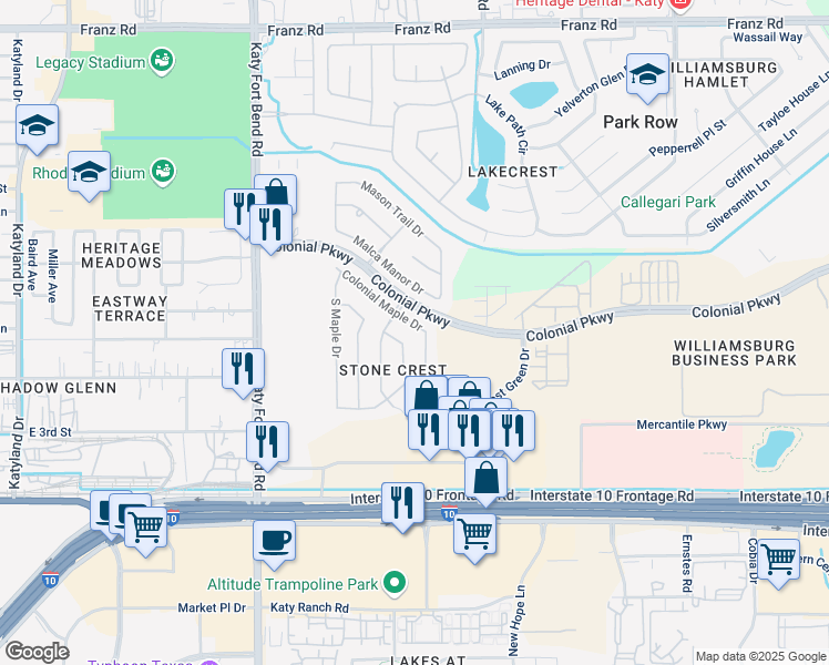 map of restaurants, bars, coffee shops, grocery stores, and more near 24623 Colonial Maple Drive in Katy