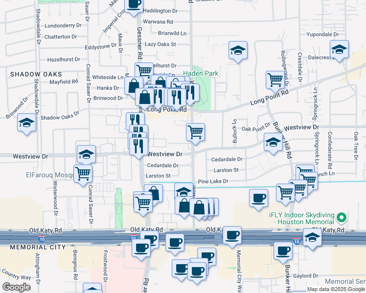 map of restaurants, bars, coffee shops, grocery stores, and more near 1255 Witte Road in Houston