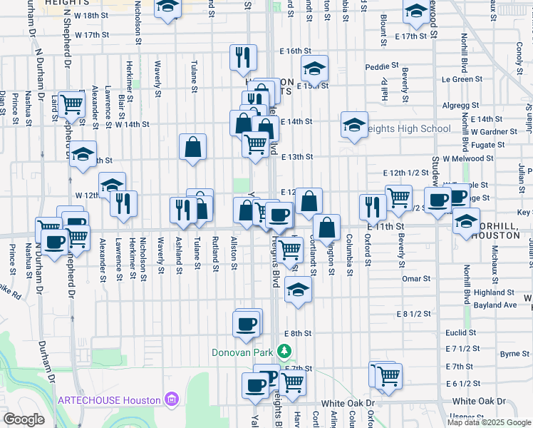 map of restaurants, bars, coffee shops, grocery stores, and more near 1122 Yale Street in Houston