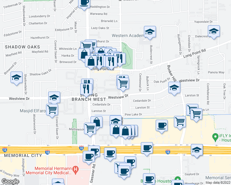 map of restaurants, bars, coffee shops, grocery stores, and more near 1255 Witte Road in Houston