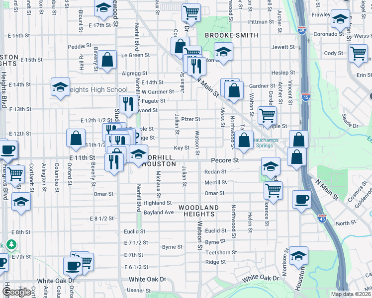 map of restaurants, bars, coffee shops, grocery stores, and more near 3721 Julian Street in Houston