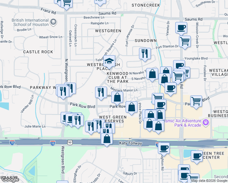 map of restaurants, bars, coffee shops, grocery stores, and more near 1819 Jervis Ln in Katy