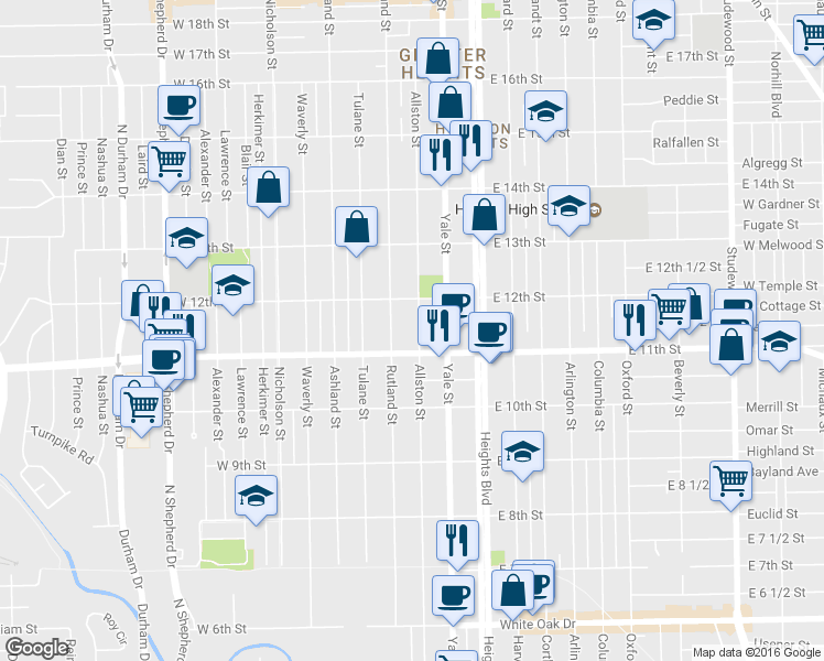map of restaurants, bars, coffee shops, grocery stores, and more near 1117 Allston Street in Houston