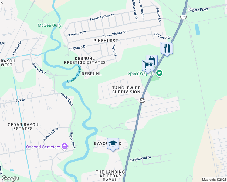 map of restaurants, bars, coffee shops, grocery stores, and more near 6710 Bienville Avenue in Baytown