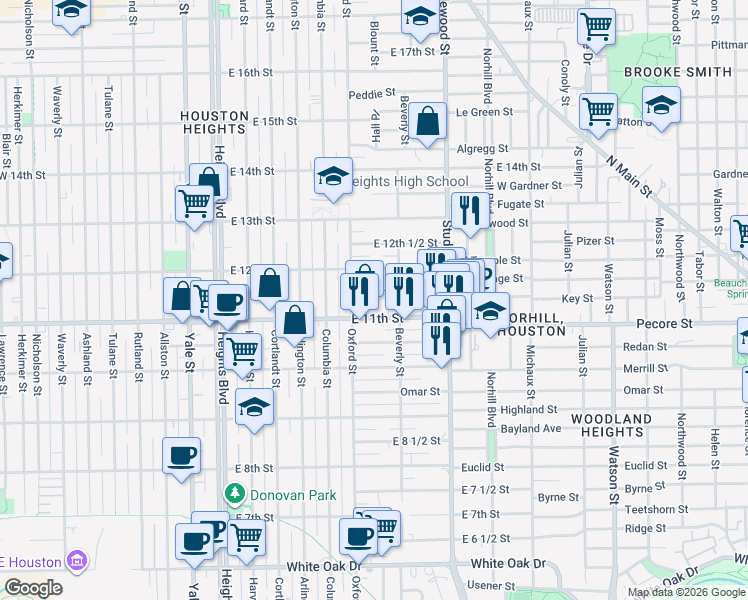map of restaurants, bars, coffee shops, grocery stores, and more near 624 East 11th 1/2 Street in Houston