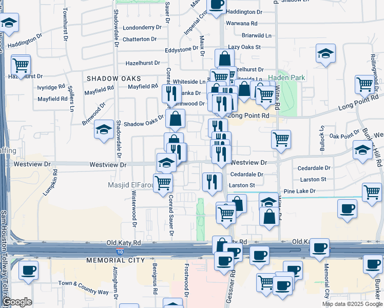 map of restaurants, bars, coffee shops, grocery stores, and more near 10120 Westview Drive in Houston