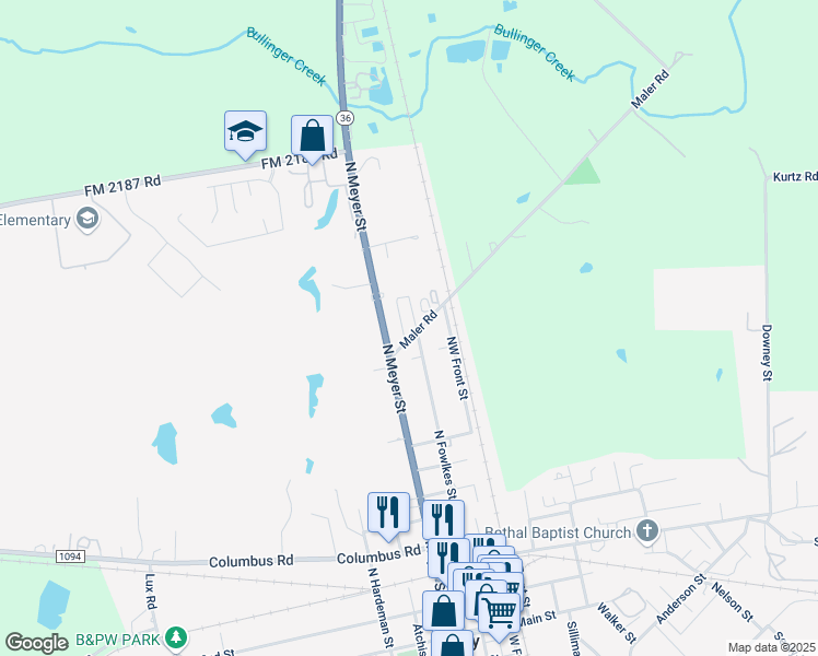 map of restaurants, bars, coffee shops, grocery stores, and more near 203 Maler Road in Sealy