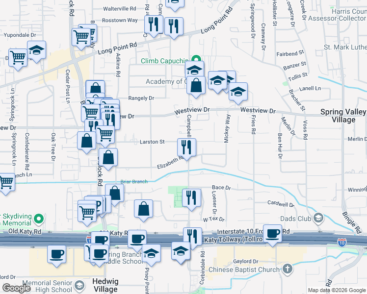 map of restaurants, bars, coffee shops, grocery stores, and more near 1241 Campbell Road in Houston