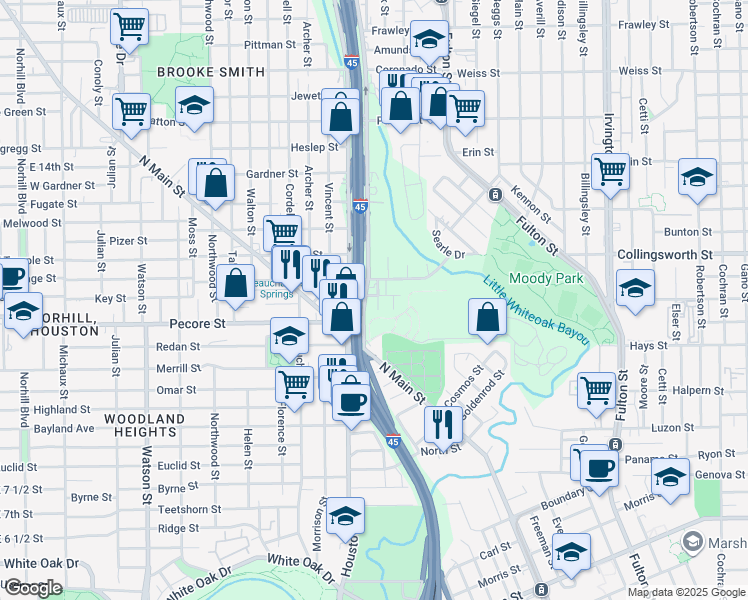 map of restaurants, bars, coffee shops, grocery stores, and more near 301 Dell Court in Houston