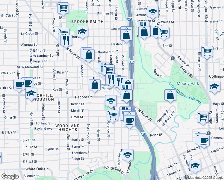 map of restaurants, bars, coffee shops, grocery stores, and more near 3803 Beauchamp Street in Houston