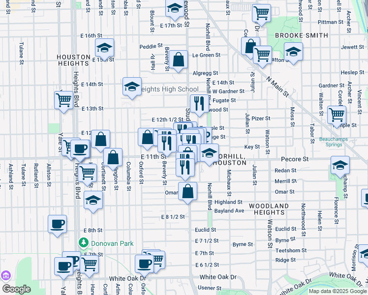 map of restaurants, bars, coffee shops, grocery stores, and more near 1111 Studewood Street in Houston