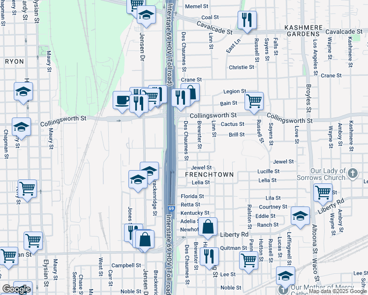 map of restaurants, bars, coffee shops, grocery stores, and more near 3213 Des Chaumes Street in Houston