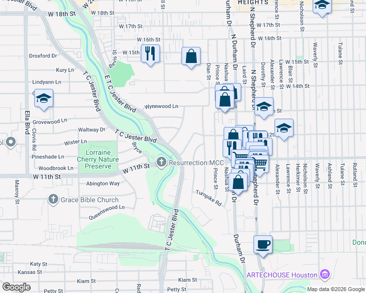 map of restaurants, bars, coffee shops, grocery stores, and more near 1115 Woodhill Road in Houston