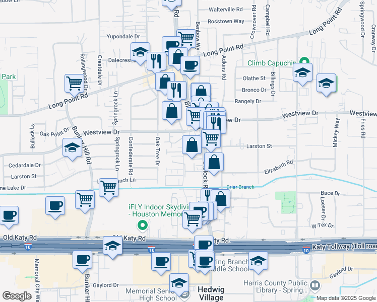 map of restaurants, bars, coffee shops, grocery stores, and more near 1250 Cedar Post Lane in Houston