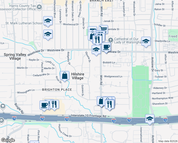 map of restaurants, bars, coffee shops, grocery stores, and more near 8000 Anadell Street in Houston