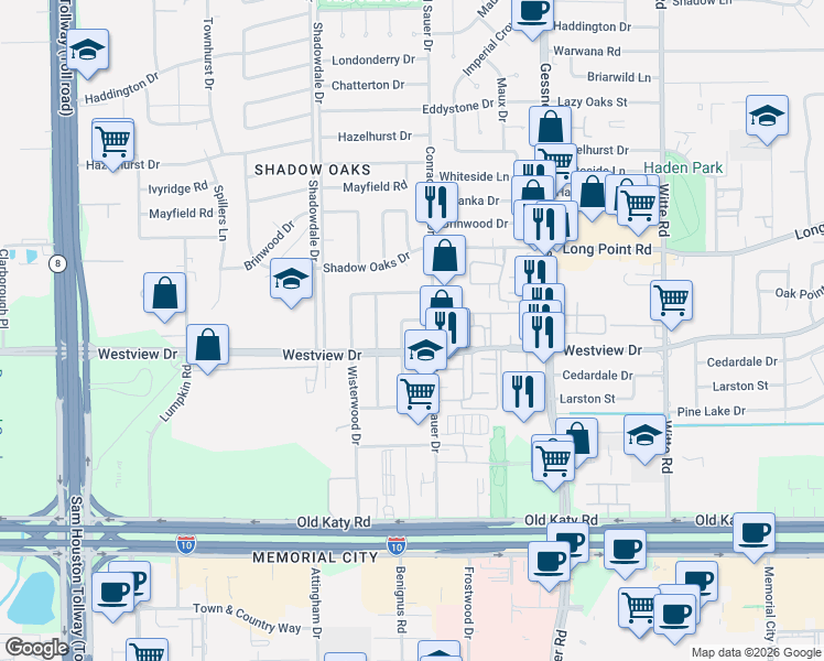 map of restaurants, bars, coffee shops, grocery stores, and more near 1216 Murrayhill Drive in Houston