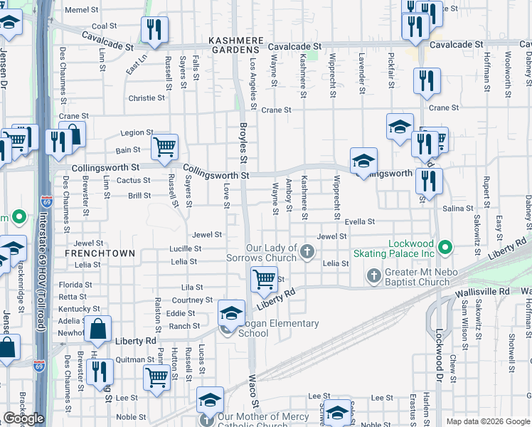 map of restaurants, bars, coffee shops, grocery stores, and more near 3410 Kirk St in Houston