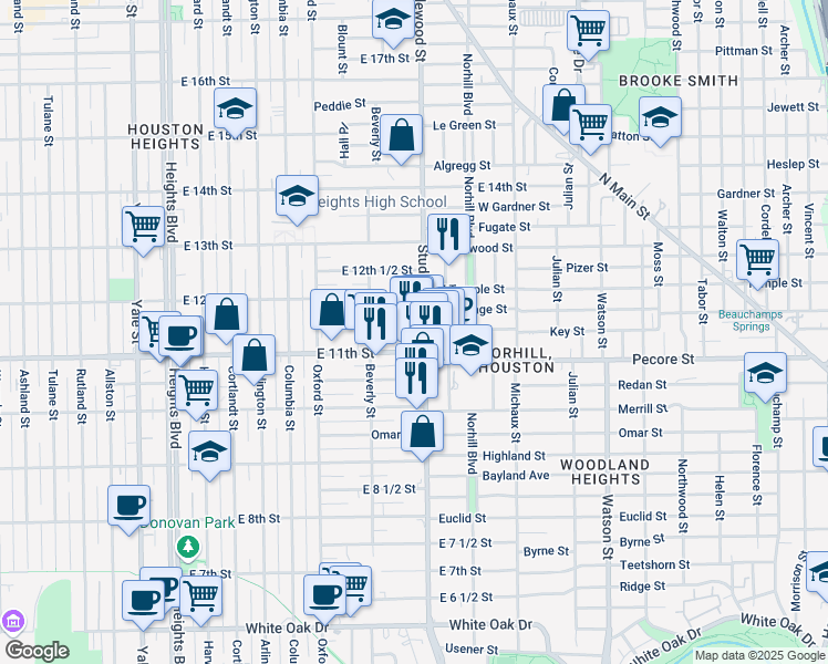 map of restaurants, bars, coffee shops, grocery stores, and more near 1111 Studewood Street in Houston