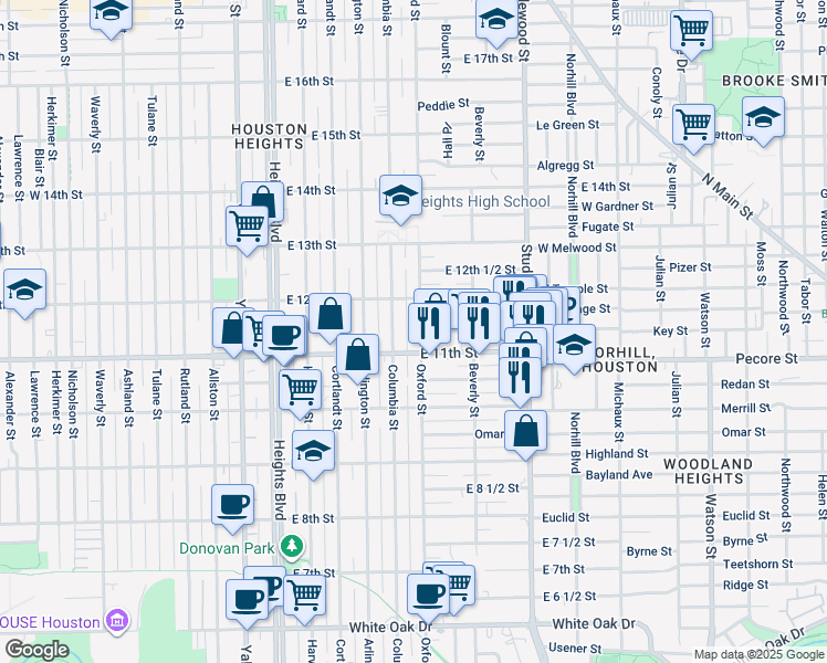 map of restaurants, bars, coffee shops, grocery stores, and more near 1123 Oxford Street in Houston