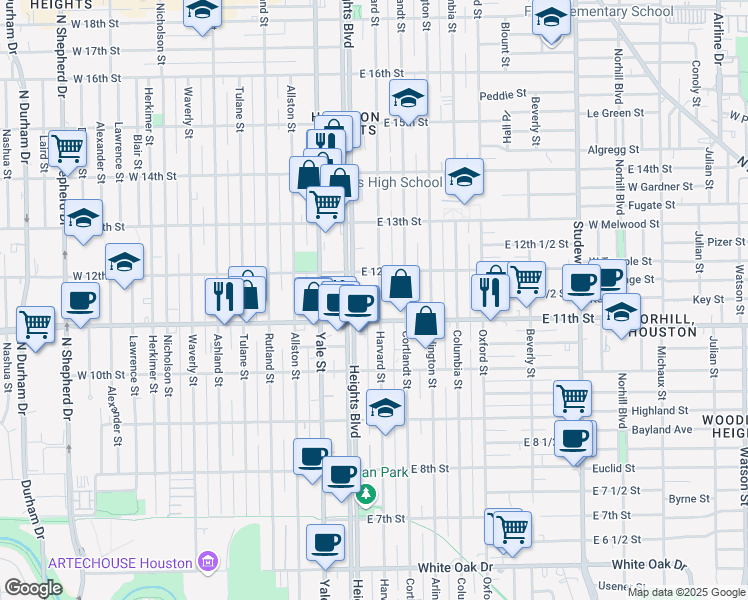 map of restaurants, bars, coffee shops, grocery stores, and more near 1128 Heights Boulevard in Houston