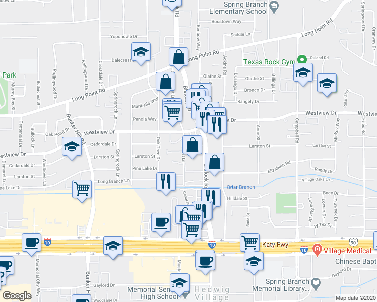 map of restaurants, bars, coffee shops, grocery stores, and more near 1250 Cedar Post Lane in Houston