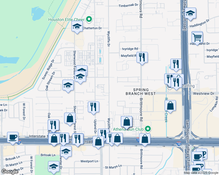 map of restaurants, bars, coffee shops, grocery stores, and more near 1406 Wycliffe Drive in Houston