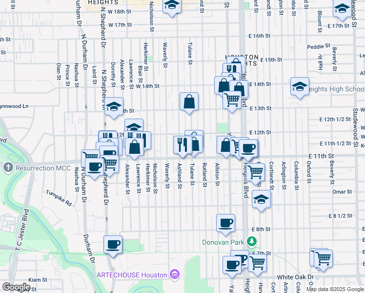 map of restaurants, bars, coffee shops, grocery stores, and more near 1128 Ashland Street in Houston