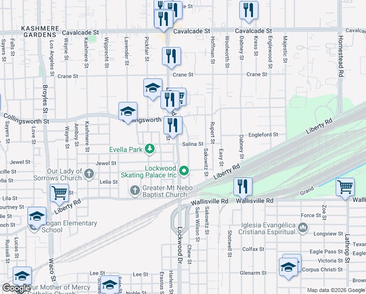 map of restaurants, bars, coffee shops, grocery stores, and more near 3536 Lockwood Drive in Houston