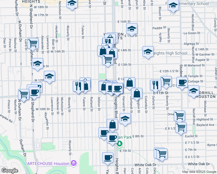 map of restaurants, bars, coffee shops, grocery stores, and more near 1122 Yale Street in Houston
