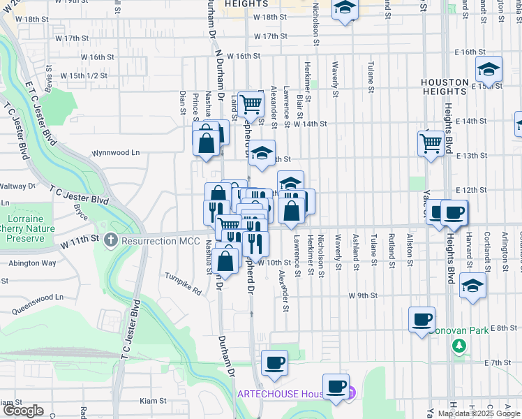 map of restaurants, bars, coffee shops, grocery stores, and more near 1127 Dorothy Street in Houston