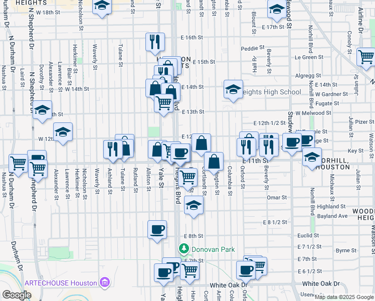map of restaurants, bars, coffee shops, grocery stores, and more near 1123 Harvard Street in Houston