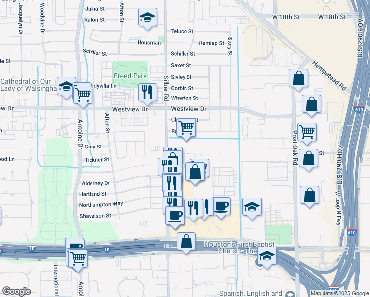 map of restaurants, bars, coffee shops, grocery stores, and more near 1200 Silber Road in Houston
