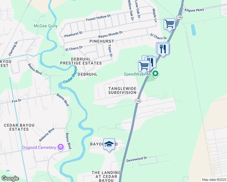 map of restaurants, bars, coffee shops, grocery stores, and more near 6710 Bienville Avenue in Baytown