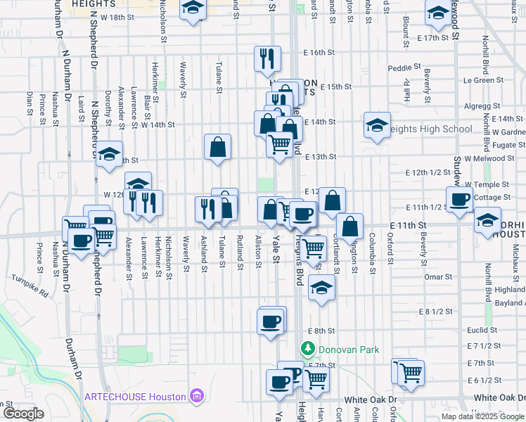 map of restaurants, bars, coffee shops, grocery stores, and more near 1136 Allston Street in Houston