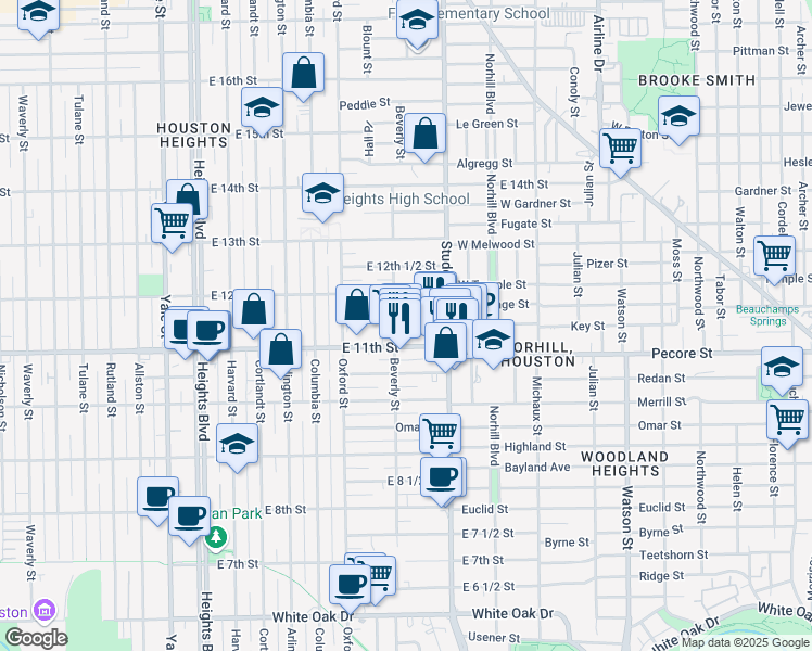 map of restaurants, bars, coffee shops, grocery stores, and more near 706 East 11th 1/2 Street in Houston