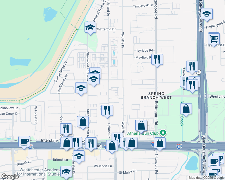 map of restaurants, bars, coffee shops, grocery stores, and more near 11008 Mikula Drive in Houston