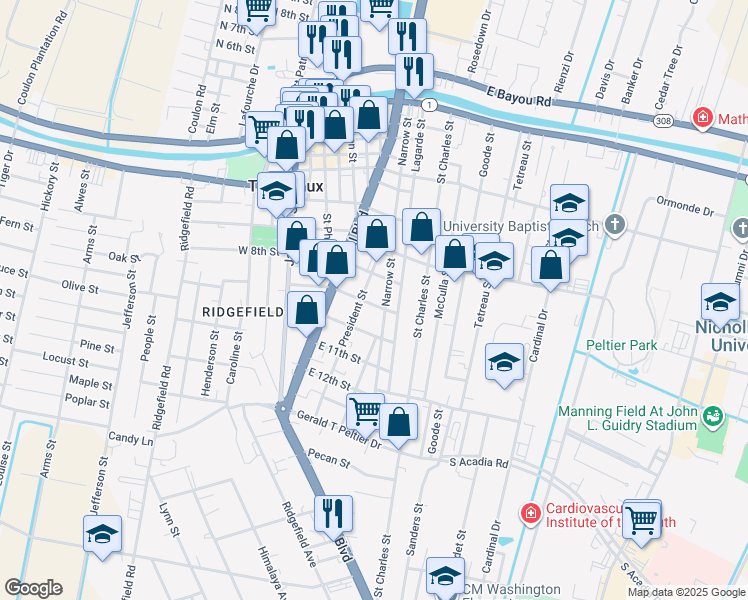 map of restaurants, bars, coffee shops, grocery stores, and more near 213 East 9th Street in Thibodaux