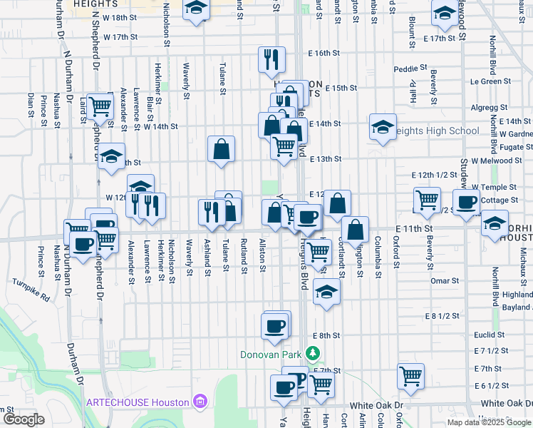map of restaurants, bars, coffee shops, grocery stores, and more near 1136 Allston Street in Houston