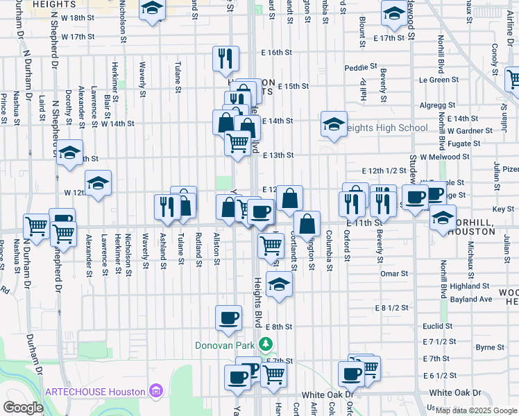 map of restaurants, bars, coffee shops, grocery stores, and more near 1128 Heights Boulevard in Houston