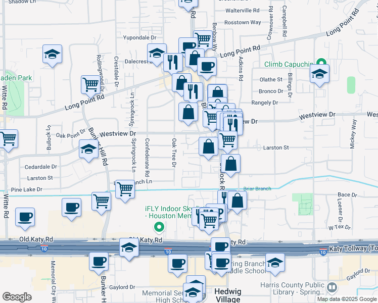 map of restaurants, bars, coffee shops, grocery stores, and more near 9516 Cedarpost Square Street in Houston