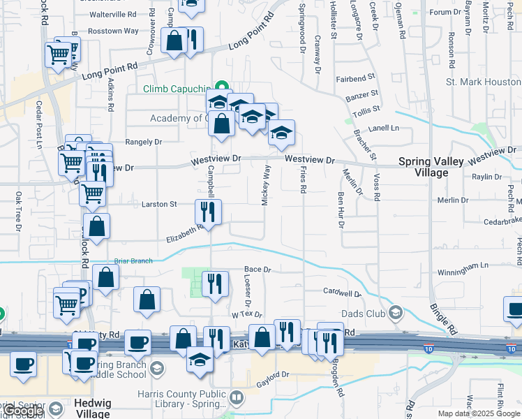 map of restaurants, bars, coffee shops, grocery stores, and more near 9001 Larston Street in Houston
